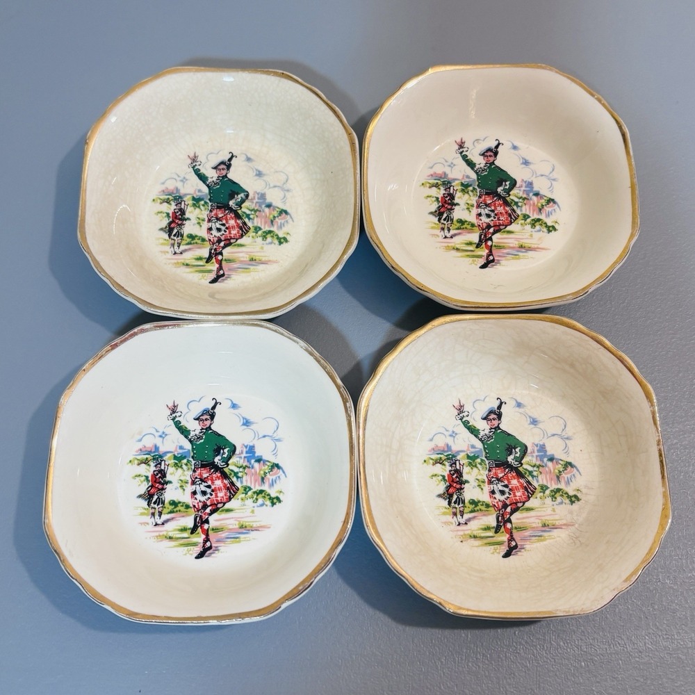 Set of 4 Scottish Trinket Bowls Vintage Bagpiper & Man In Kilt Gold Trim Glasgow